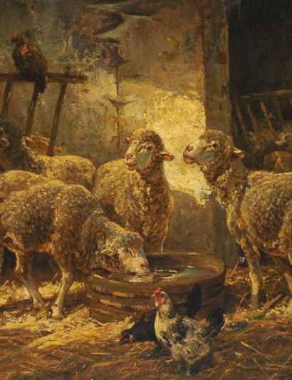 JACQUE, Charles Emile (1813-1894) Bergerie Huile sur toile Signée en bas à droite:...
