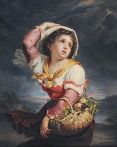 MAZZOLINI, Giuseppe (1806-1876) Jeune fille dans la tempête Huile sur toile Signée...