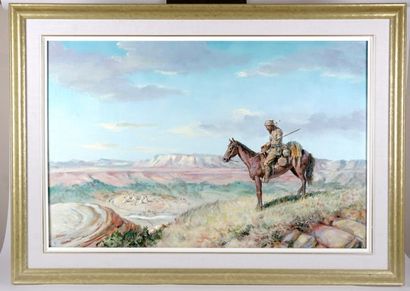 null SVERRE (actif XXe)

"American Scout at Sunset"

Huile sur toile

Signée en bas...