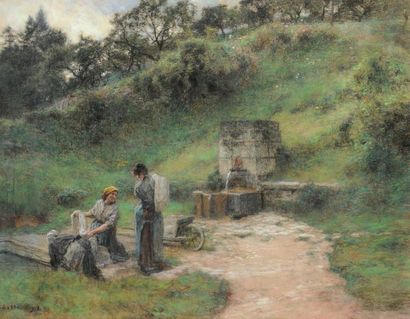 LHERMITTE, Léon Augustin (1844-1925) « Potins au lavoir » Pastel signé et daté en...