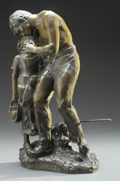 PENDARIES, Jules-Jean (1862-1933) «AUX CHAMPS» Bronze représentant un paysan embrassant...