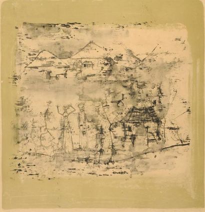 Wou-ki, ZAO (1921-) Personnages dans les montagnes lithographie signée en bas à droite:...