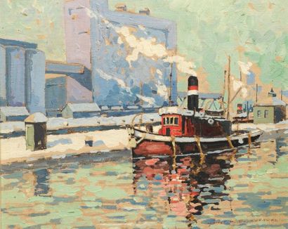 DONNELL, James M. (1884-1957) "Montreal harbor" Huile sur carton toile signée et...
