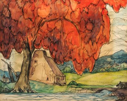 FORTIN, Marc-Aurèle ARCA (1888-1970) La maison sous l'arbre aquarelle et fusain signée...