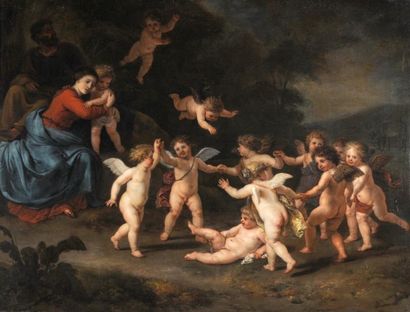 ÉCOLE de Pierre Paul RUBENS XVIIe La sainte Famille observant les putti dansant dans...