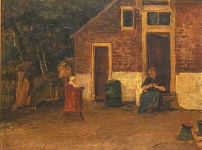 ÉCOLE HOLLANDAISE XIXe Femme et enfant dans la cour d'une maison Huile sur panneau...