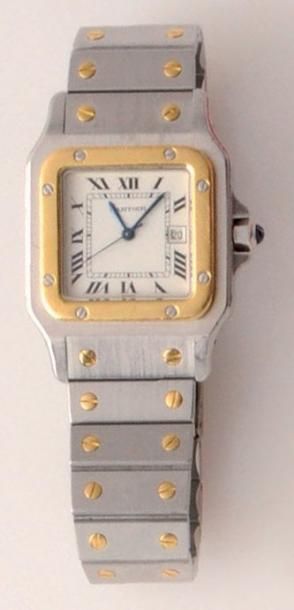 CARTIER Bracelet-montre d'homme en acier et or 18K, cadran blanc avec indicateur...