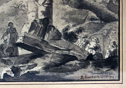  EUROPEAN SCHOOL 18th C. 
Ruins 
Ink on paper 
Signature on the lower right 
17x23cm...