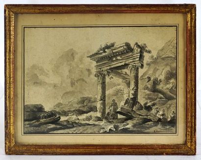  EUROPEAN SCHOOL 18th C. 
Ruins 
Ink on paper 
Signature on the lower right 
17x23cm...