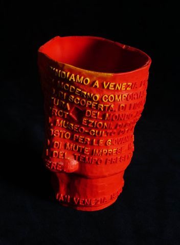 null GAETANO PESCE (1939 -) Vase in molded textured plastic with a text in Italian...