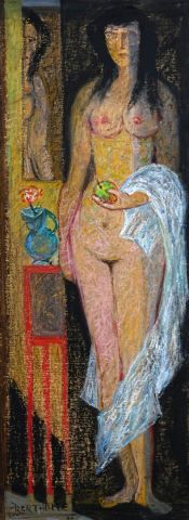  BERTHOLLE, Jean (1909-1996) 
Nude with Apple 
Mixed media on board 
Signed and dated...