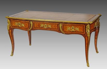  EXCEPTIONAL LOUIS XV BUREAU PLAT, 
with ormolu mounted purplewood and rosewood parquetry....