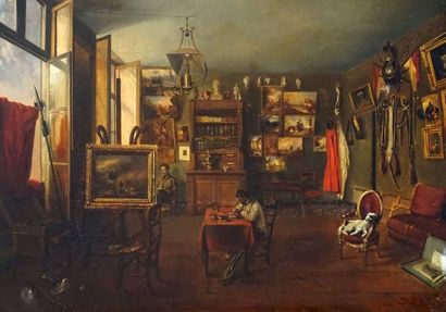  MÉRY, A. (actif XIXe) 
"Artist's studio with his collections" 
Huile sur toile 
Signée...