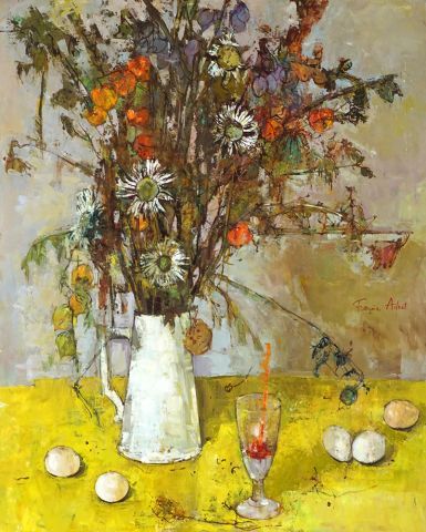  ADNET, Françoise (1924-2014) 
"Flowers in white vase" 
Huile sur toile 
Signée à...