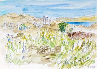 null TANOBE, Miyuki (1937-) 

''L'île Rodes'',

Watercolour on paper

Signed on the...