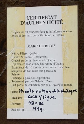 null DEBLOIS, Marc (1943-)

"Pavots au bas de la montagne"

Acrylique sur panneau

Signée...