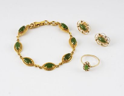 null Nephrite jade set, composed of a 10K gold ring, a gold plated bracelet and a...