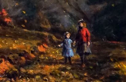  DELFOSSE, Georges Marie-Joseph (1869-1939) 
Sans titre - Promenade en forêt 
Huile...
