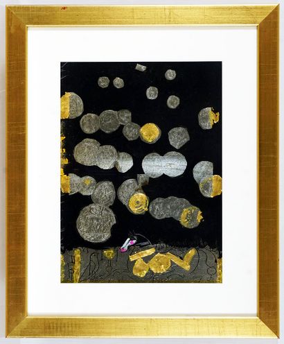  OVISSI, Nasser (1934-) 
"Ancient gold coins and horse" 
Technique mixte sur papier...