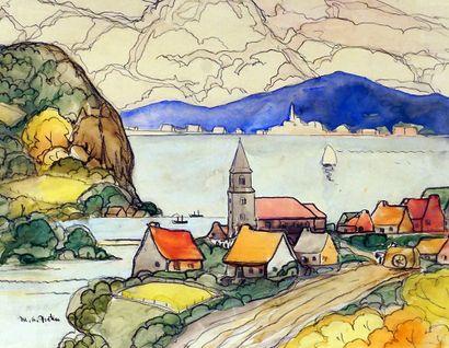  FORTIN, Marc-Aurèle (1888-1970) 
Sans titre - Village au bord de l'eau 
Aquarelle...