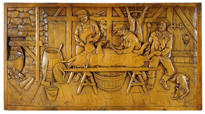  BOURGAULT, Jean-Julien (1910-1996) 
"Les boucheries" 
Bas-relief en bois sculpté...