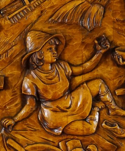  BOURGAULT, Jean-Julien (1910-1996) 
"Le diner aux champs" 
Bas-relief en bois sculpté...