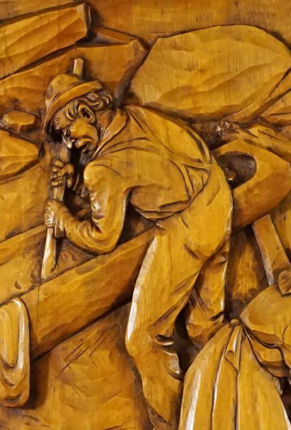  BOURGAULT, Jean-Julien (1910-1996) 
"Le foulage d'étoffe" 
Bas-relief en bois sculpté...