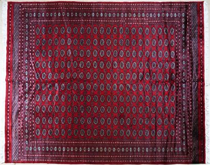 null Boukara rug with circular patterns on a red background, handwoven in Pakistan,...