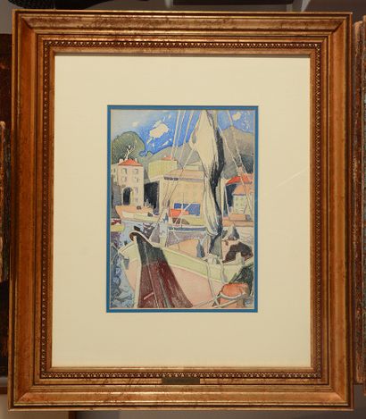  FORTIN, Marc-Aurèle (1888-1970) 
Voilier dans le port 
Aquarelle 
Signée en bas...