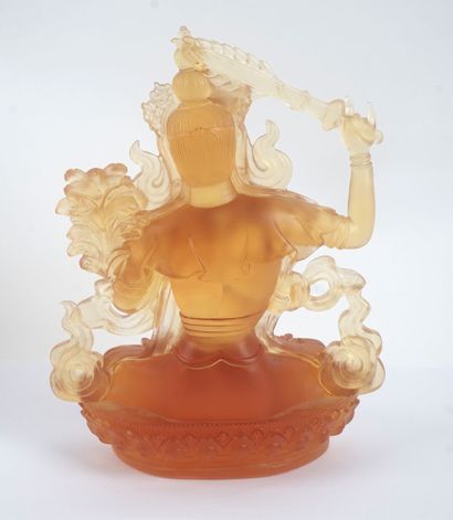  WENSHU PUSA 
Statuette of Wenshu Pusa (Manjushri) in tinted glass. China, 20th century....