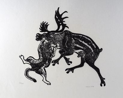 null ETOK, Tivi (1929-)

"Wolf with caribou III"

Gravure sur pierre

Numérotée en...