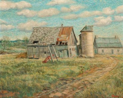 PERRON, Louis-Paul (1919-2004) « Maison de ferme à Lafresnière, Québec » Huile sur...