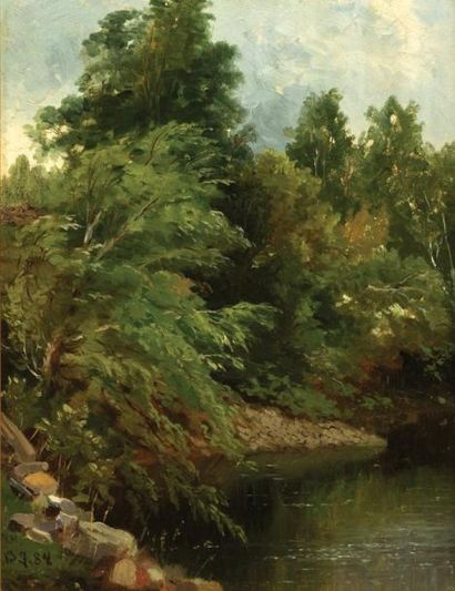 RAPHAEL, William (1833-1914) Au bord du ruisseau Huile sur panneau Monogrammée et...