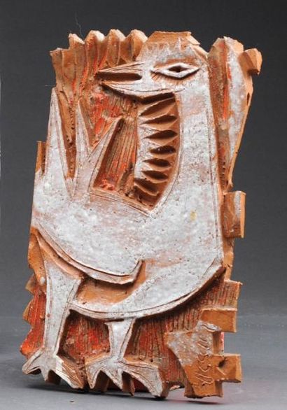 SUCSAN, Charles (1932-) Bas relief en céramique émaillée d'un coq. Circa 1970. Signé:...