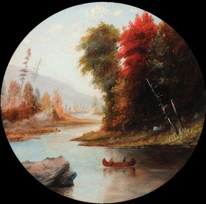 HOLDSTOCK, Alfred Worsley (1820-1901) « Canoeing down the river » Huile sur toile...