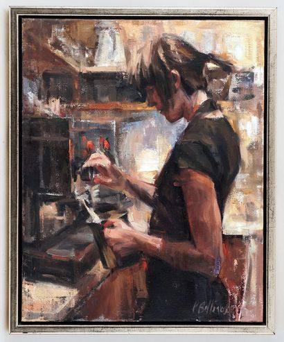 null BELLEROSE, Patricia (1980-)

"Barista"

Oil on canvas

Signed on the lower left:...
