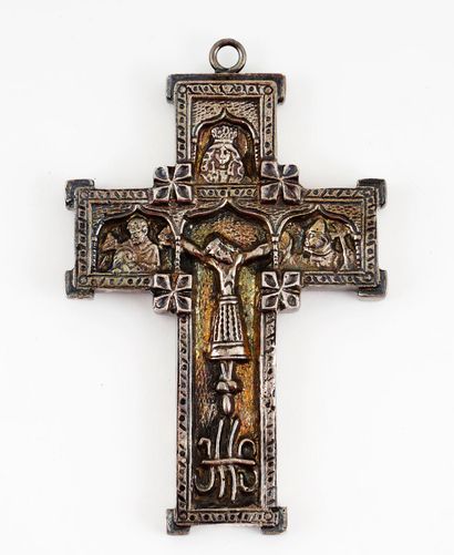 null Very ornate pendant in the shape of a Latin cross, made of a metal alloy containing...