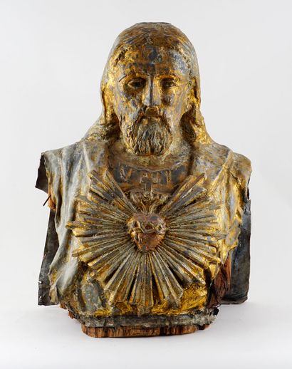 null Wooden bust covered with malleable metal representing Jesus Christ. The Sacred...