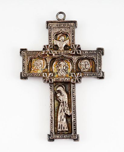 null Very ornate pendant in the shape of a Latin cross, made of a metal alloy containing...