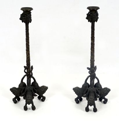 null Pair of bronze tripod candelabras after Christophe Fratin. The top of the socket...