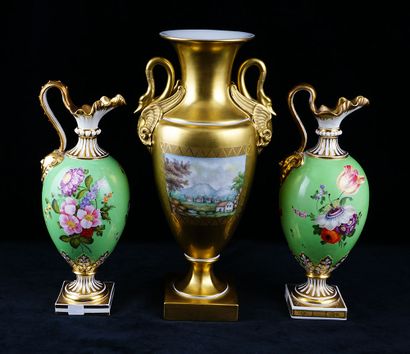 null Lot of fine porcelain including a DRESDEN urn with handles decorated with dozing...