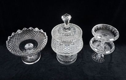 null Cut crystal set including a fruit tray, two cups, one of which is marked WATERFORD...