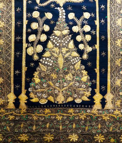 null Indian tapestry decorated with a tree of life, golden thread embroidery and...