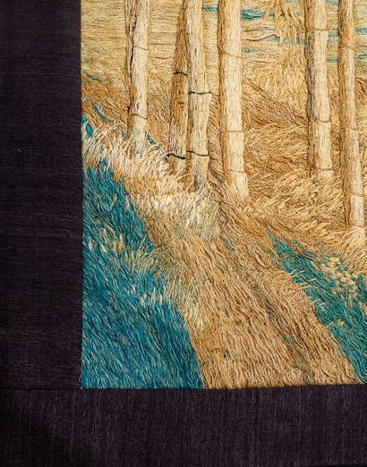 null Important embroidery in hemp and white silk threads, decorated with a landscape...