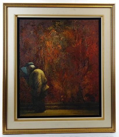  YU, Xiaoyang (1950-) 
"Passant devant mur rouge" 
Huile sur toile 
Signée en bas...