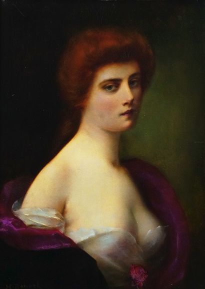  RONDEL, Henri (1857-1919) 
Portrait d'une jeune dame rousse 
Huile sur panneau 
Signée...