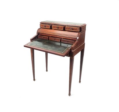 null Hepplewhite style marquetry cylinder desk, opens with a row of drawers under...