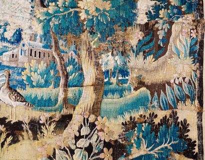 null Aubusson tapestry with foliage decoration, 

an abbey in the center and two...