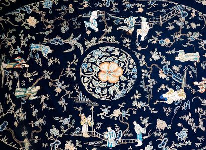 null 
Table cover, Chinese tapestry showing figures and a flower in the center in...