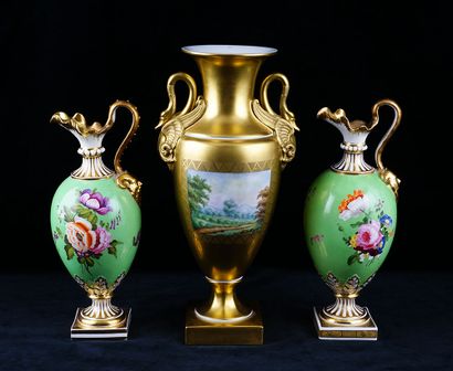 null Lot of fine porcelain including a DRESDEN urn with handles decorated with dozing...